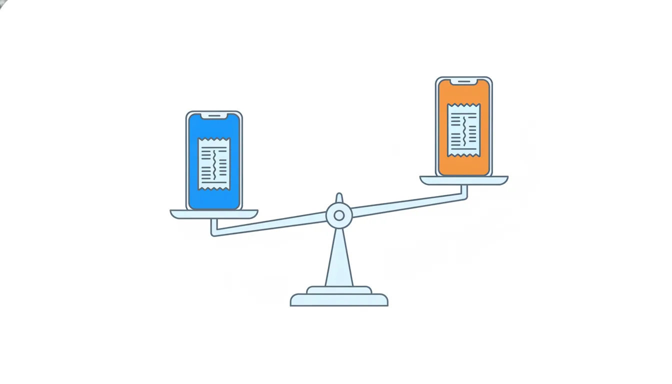 Two versions of a phone with a split receipt on a balance scale, one with a blue screen and one with an orange screen.