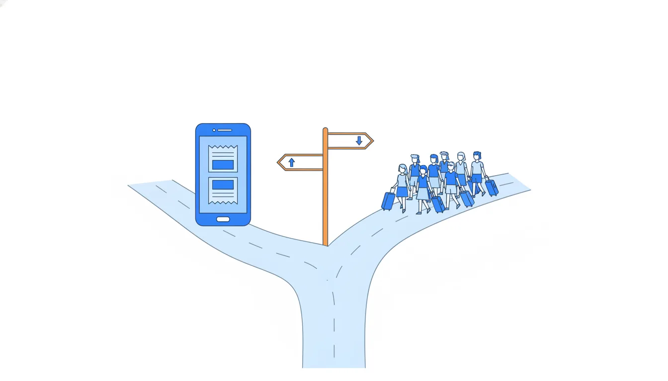 A fork in a road: a new phone with a split receipt on one branch, a crowd of summer travelers with suitcases on the other, an orange signpost between.