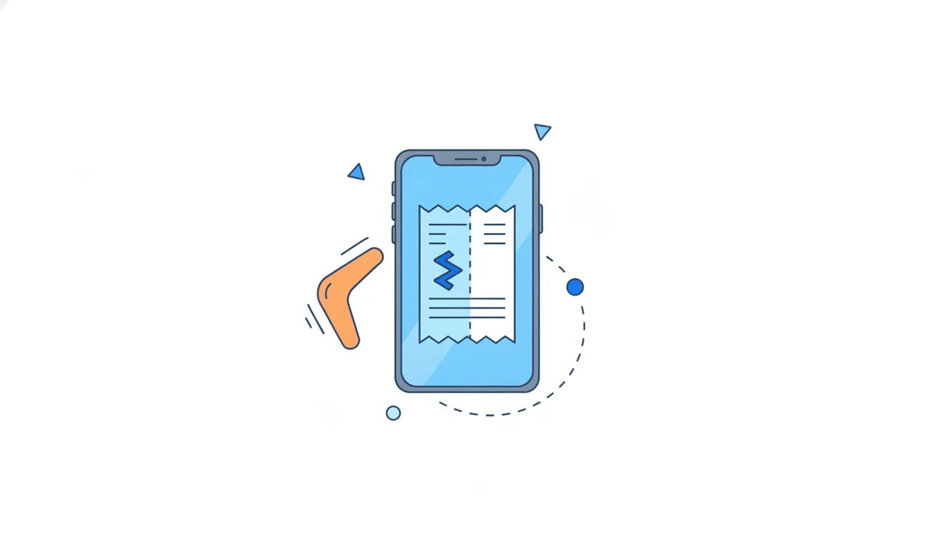 An orange boomerang curves away and back toward a phone with a split receipt.