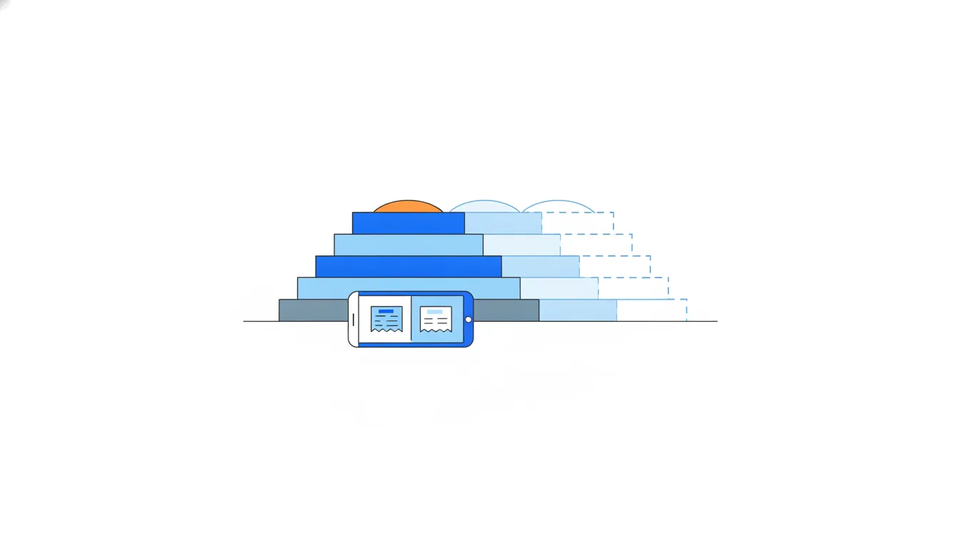 A hill of stacked cohort layers continues into the future as dashed outlines, with one thinner orange layer, and a phone at its base.