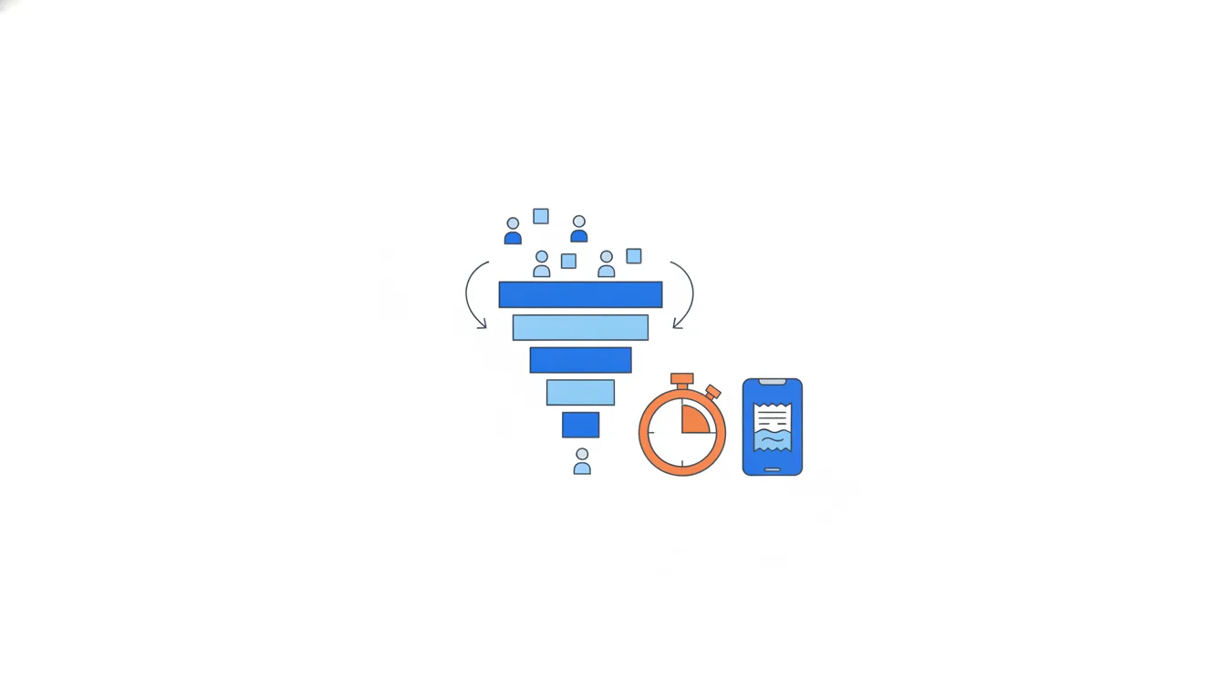 A funnel of stacked blue bands with arrows showing step order and an orange stopwatch marking a time window, figures passing through.