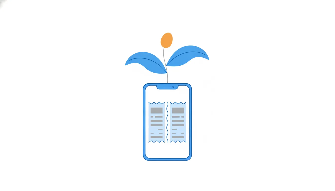 A young plant with blue leaves grows out of a phone with a split receipt, with one orange bud on top.