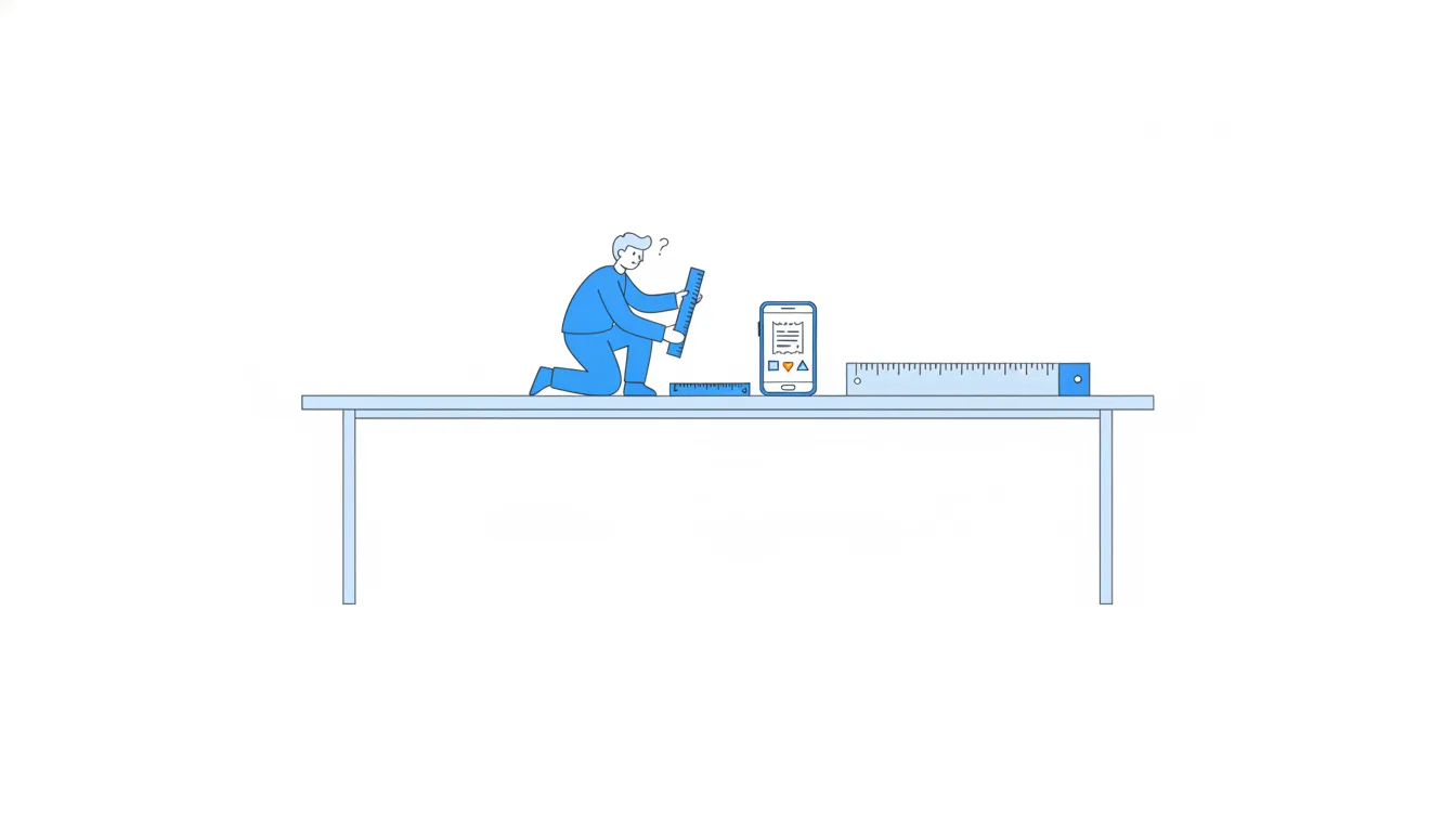 Someone measures a long dining table with a tiny ruler while a ruler of the right length lies unused beside them.