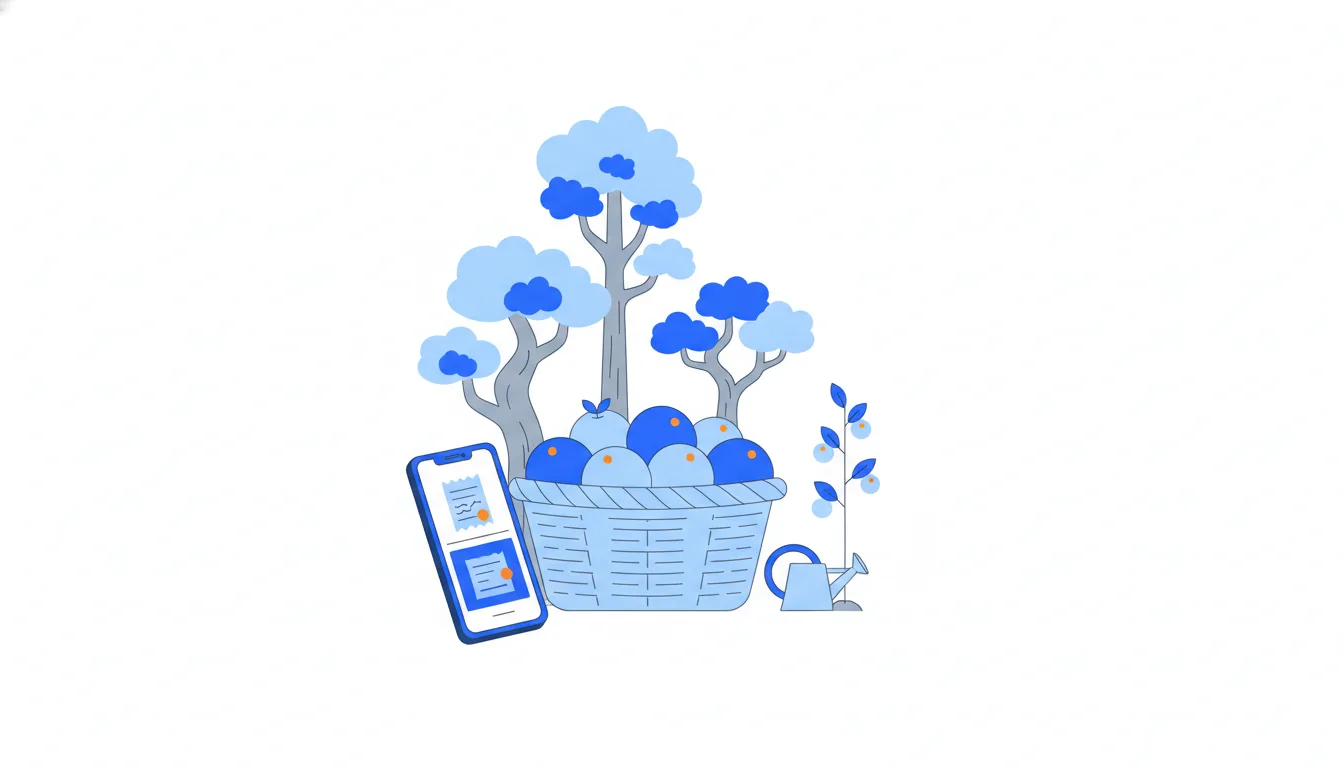 This month's fruit basket is filled mostly from old tall trees, while a newly planted sapling beside them has barely any fruit.