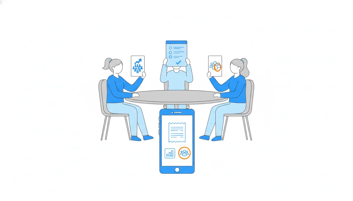 Three people at a meeting table each hold up a different card: a crowd, a blank sign-up form and a small group of friends.