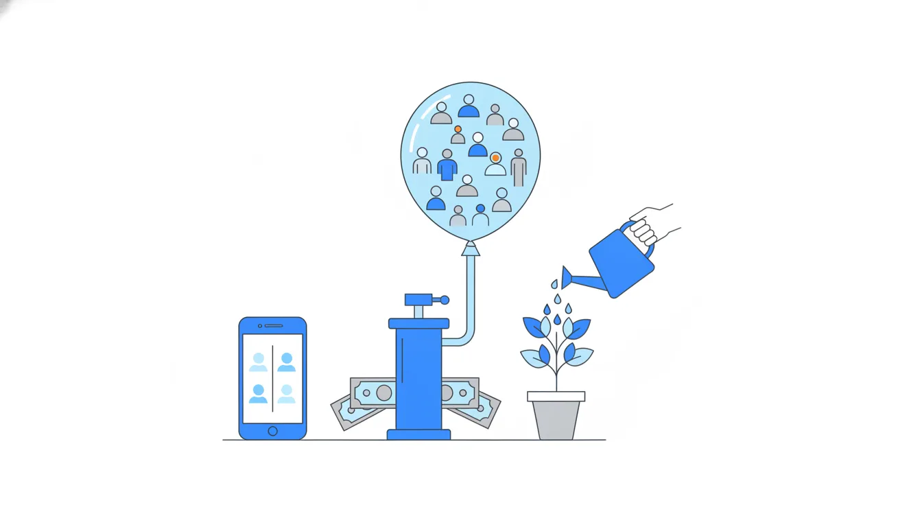 A pump fed with banknotes inflates a big balloon of people, while beside it a small plant of friend groups grows only when watered.