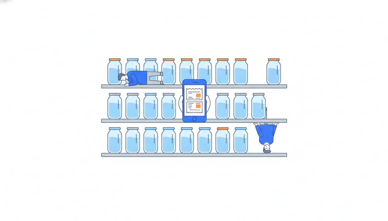 Shelves of jars in rows, emptier towards the right; one person reads along a shelf, another down a column.