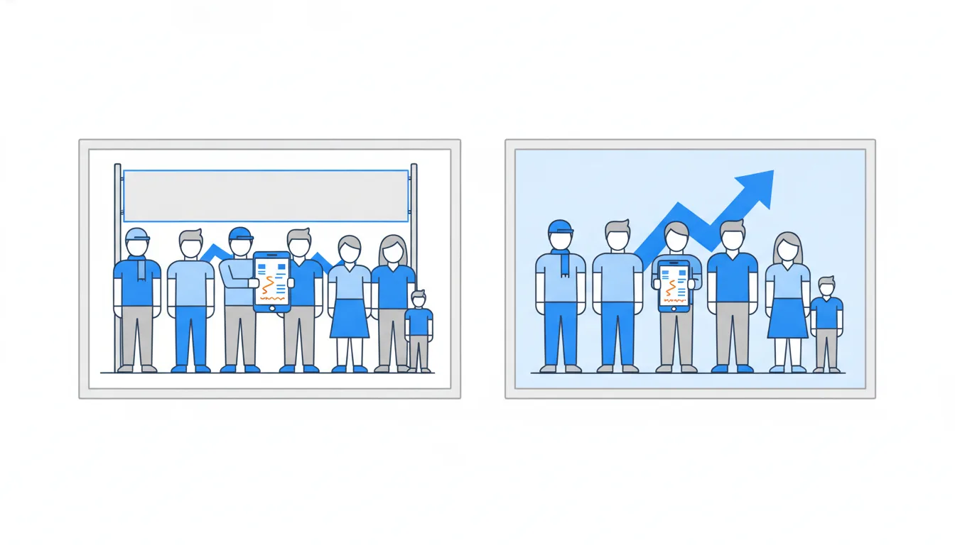 Two group photos side by side; in the second the shortest members have stepped out, so the group looks taller.