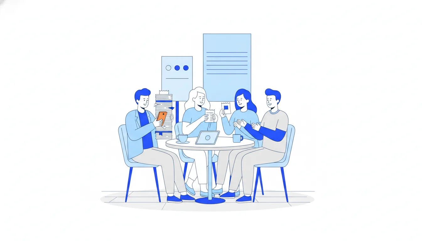 At a café table one friend with a thick stack of receipts scans them with a phone, while the others, holding one receipt each, chat.
