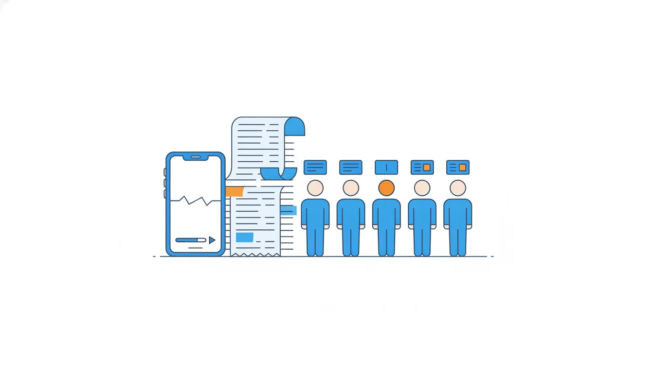 A tall stack of paper receipts stands next to a short row of person figures, each standing once.