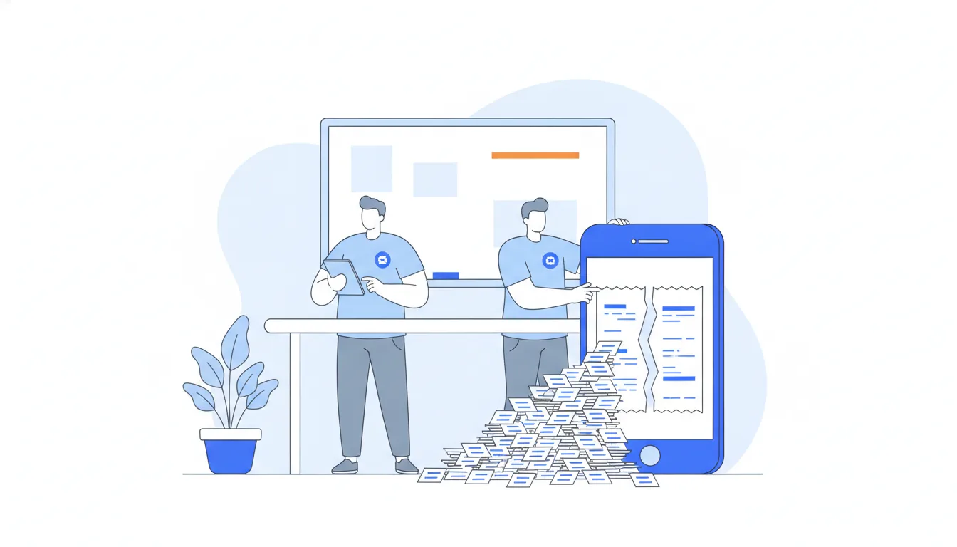 Two staff members with badges keep tapping a test phone at a desk while a pile of tiny identical receipts grows beside them.