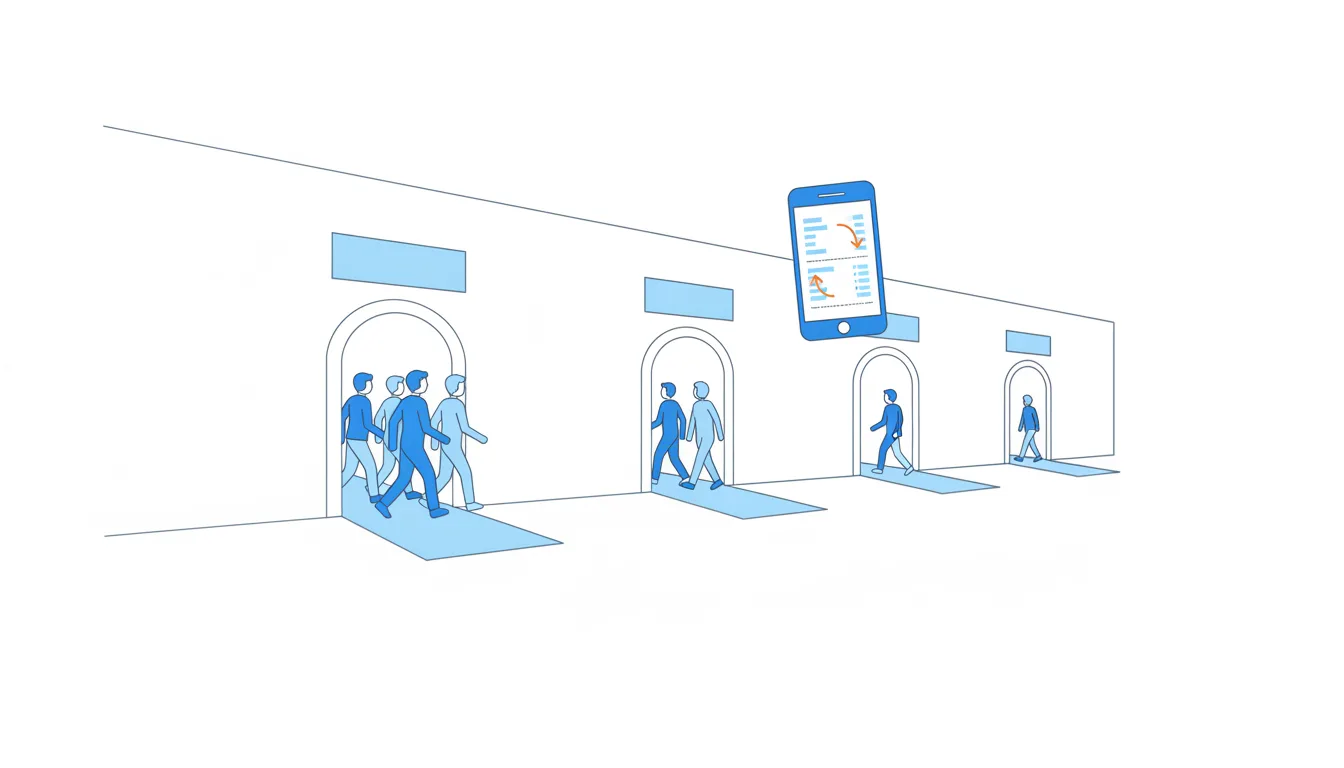 A line of doorways along a hallway; fewer people pass through each next door.