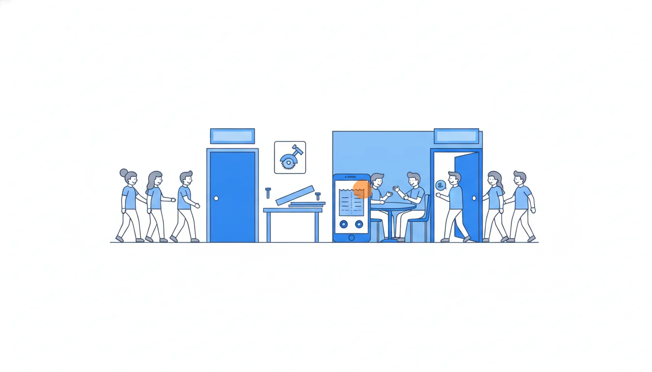 Newcomers walk up to a front door, while invited guests step straight through a side door into a room where friends already share a receipt.