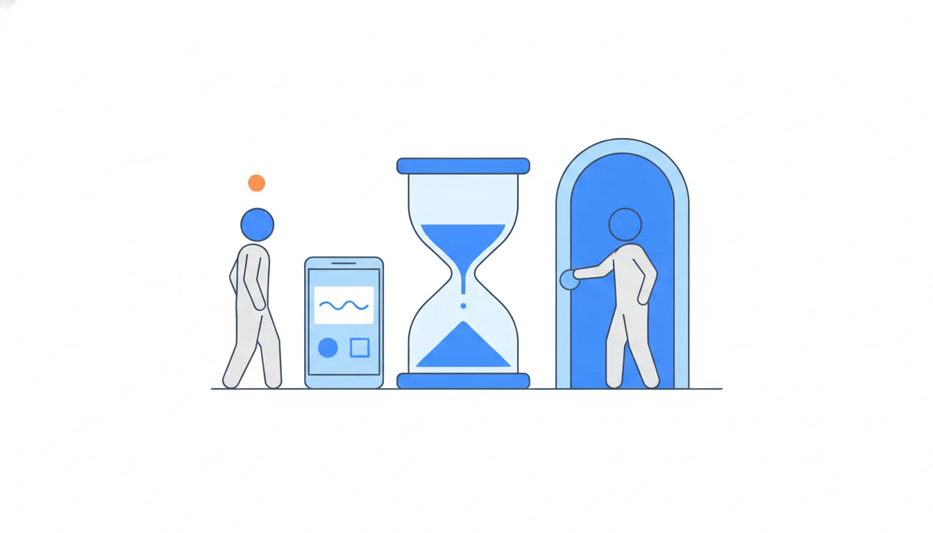 An hourglass beside a door; one person reaches it while sand still runs, another arrives after it has emptied.