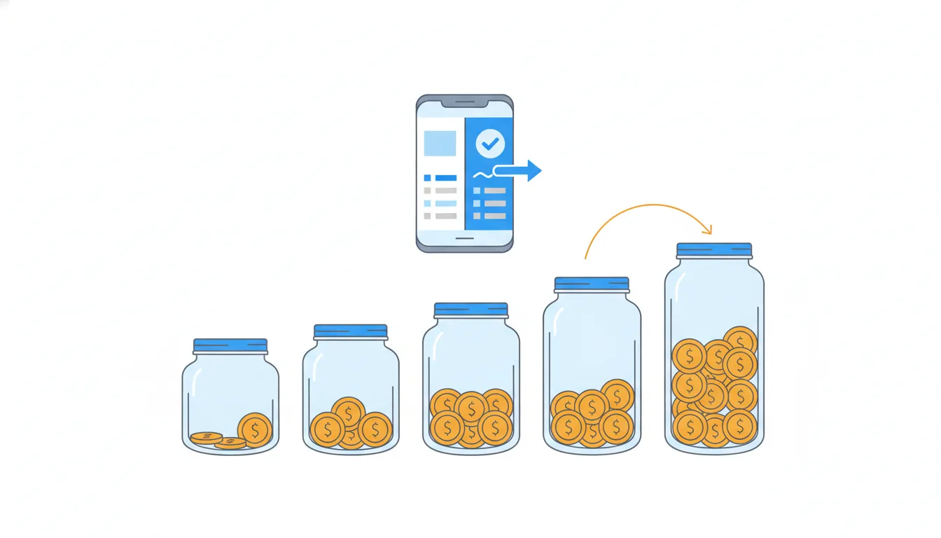 A row of glass jars, each holding a few more coins than the one before, like one jar filling month by month.