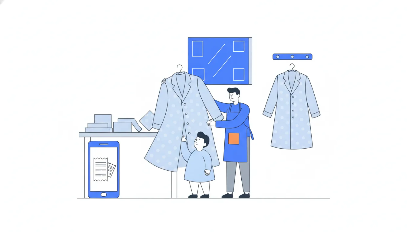 A tailor holds a large coat pattern against a small customer, while a pattern of matching shape hangs nearby.