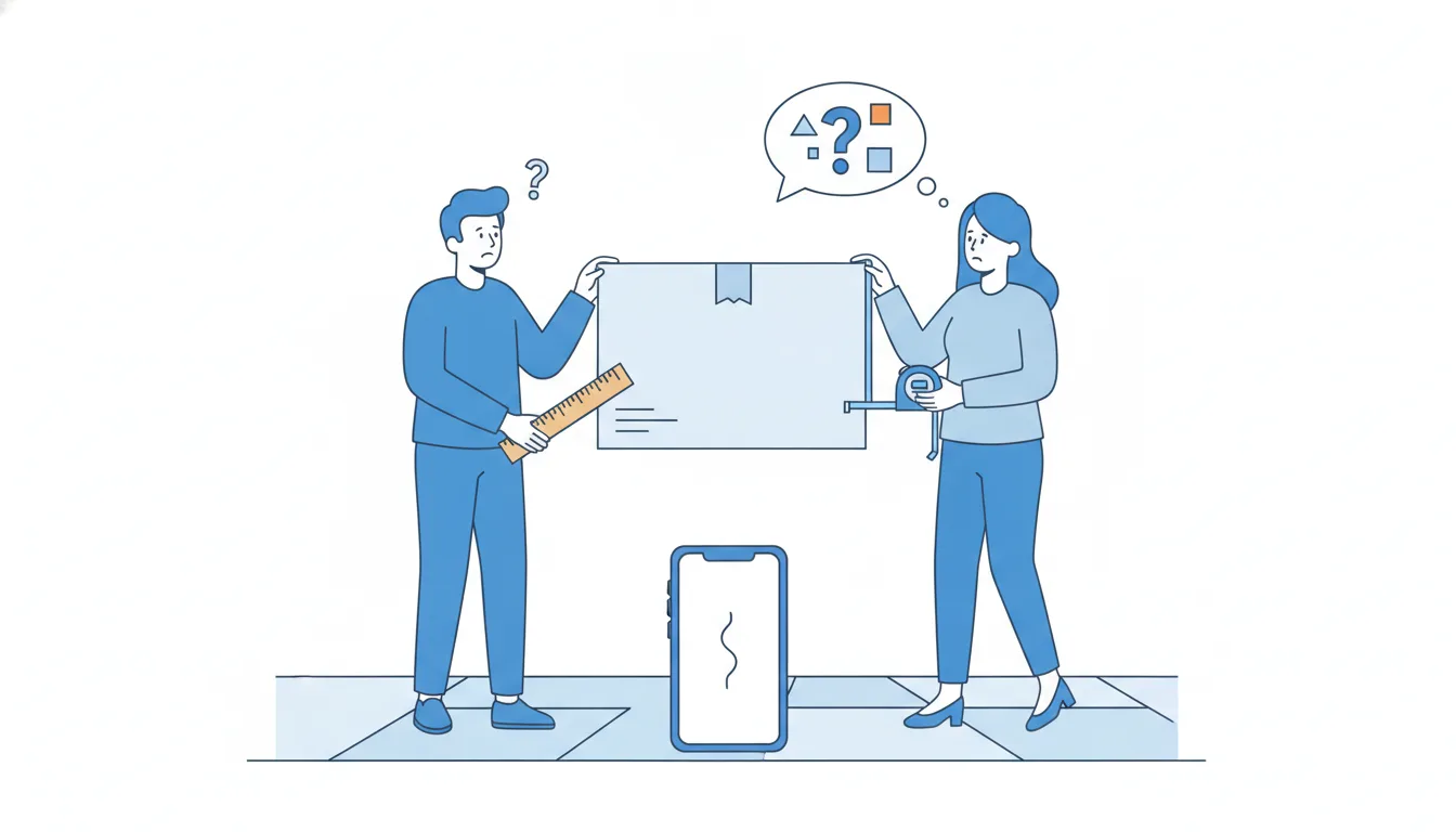 Two colleagues measure the same parcel side by side, one with a wooden ruler, the other with a tape, and look at each other puzzled.