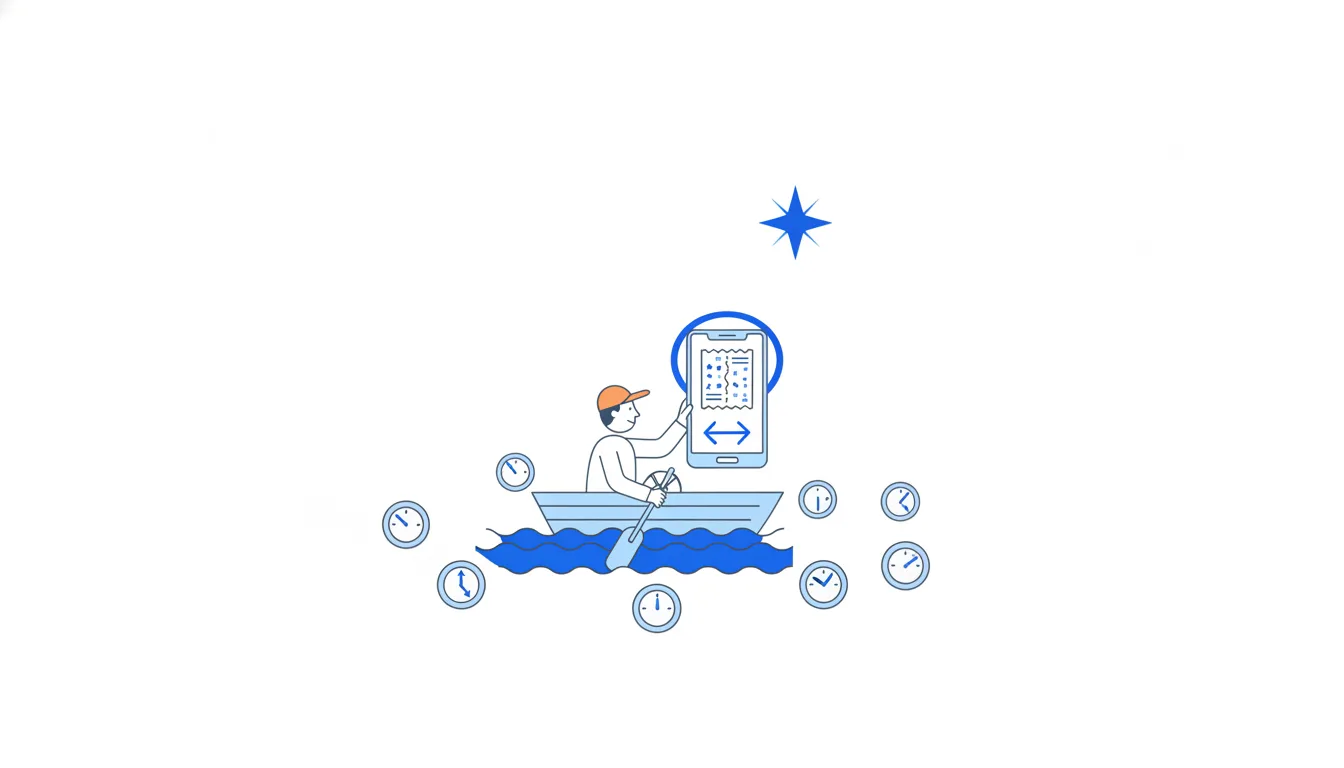 A person steers a small boat at night towards one bright star, past a cluster of floating dials pointing in different directions.