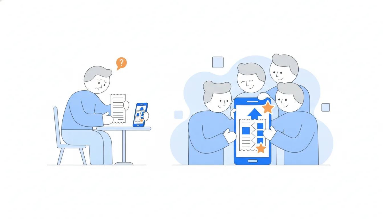 One person sits alone with a receipt and a phone, looking unsure; beside them three friends lean over one shared phone and nod.