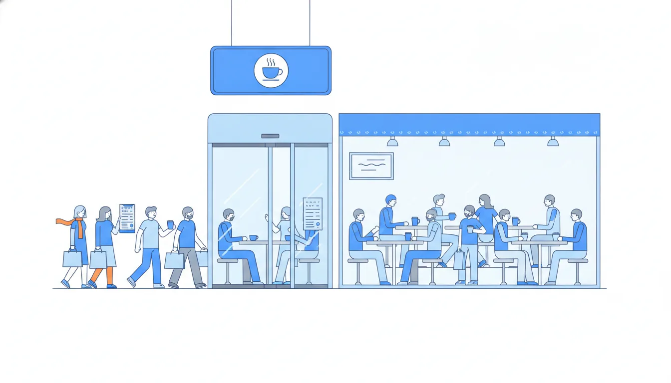 Groups of friends walk out of a café's revolving door while as many new groups walk in; the tables inside stay equally full.