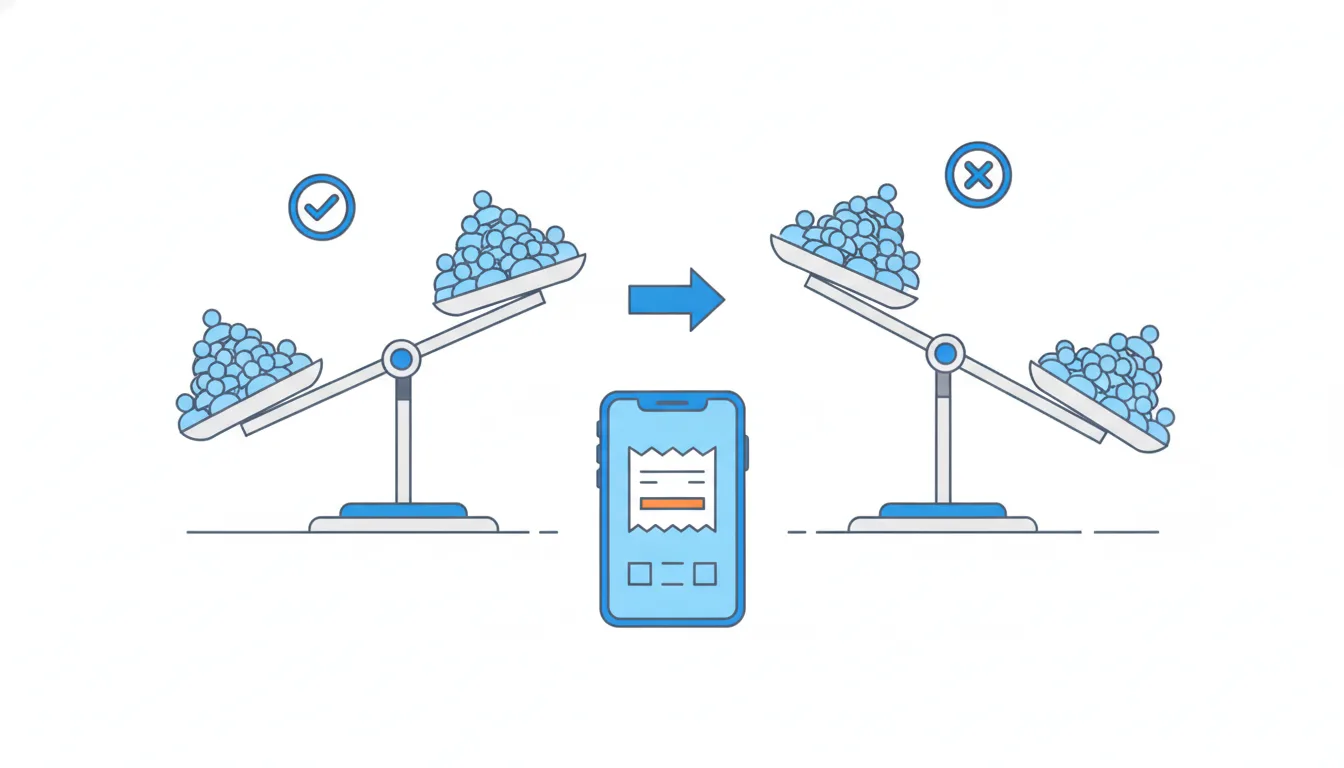 Two scales: one holds two nearly equal piles of person tokens and stays level, the other tilts sharply to one side.
