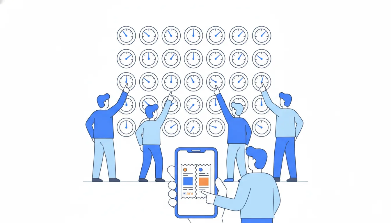 A wall of small dials with a few needles twitching, while several people each point eagerly at a different one.