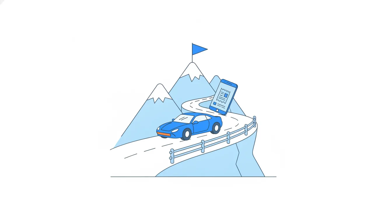 A car speeds along a mountain road towards a flag while a sturdy rail runs along the cliff edge.