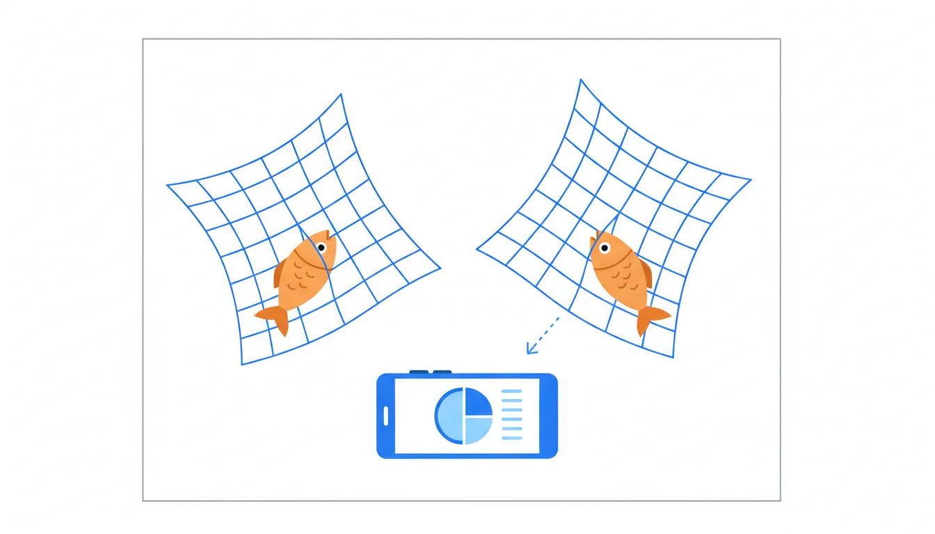 A fine-meshed net holds a small fish, while a net with wide holes lets the same kind of fish slip through.