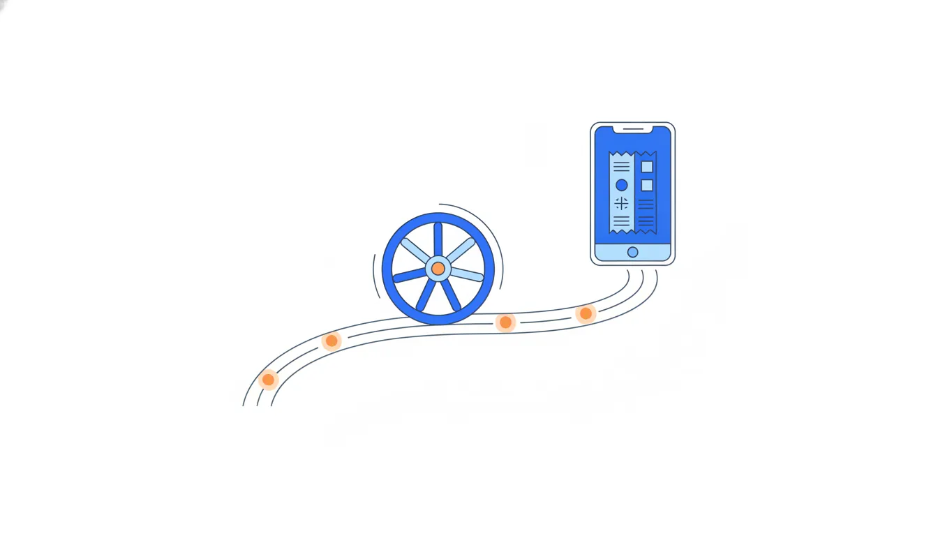 A wheel with seven spokes rolls along a road, leaving an orange mark each time it completes a full turn.
