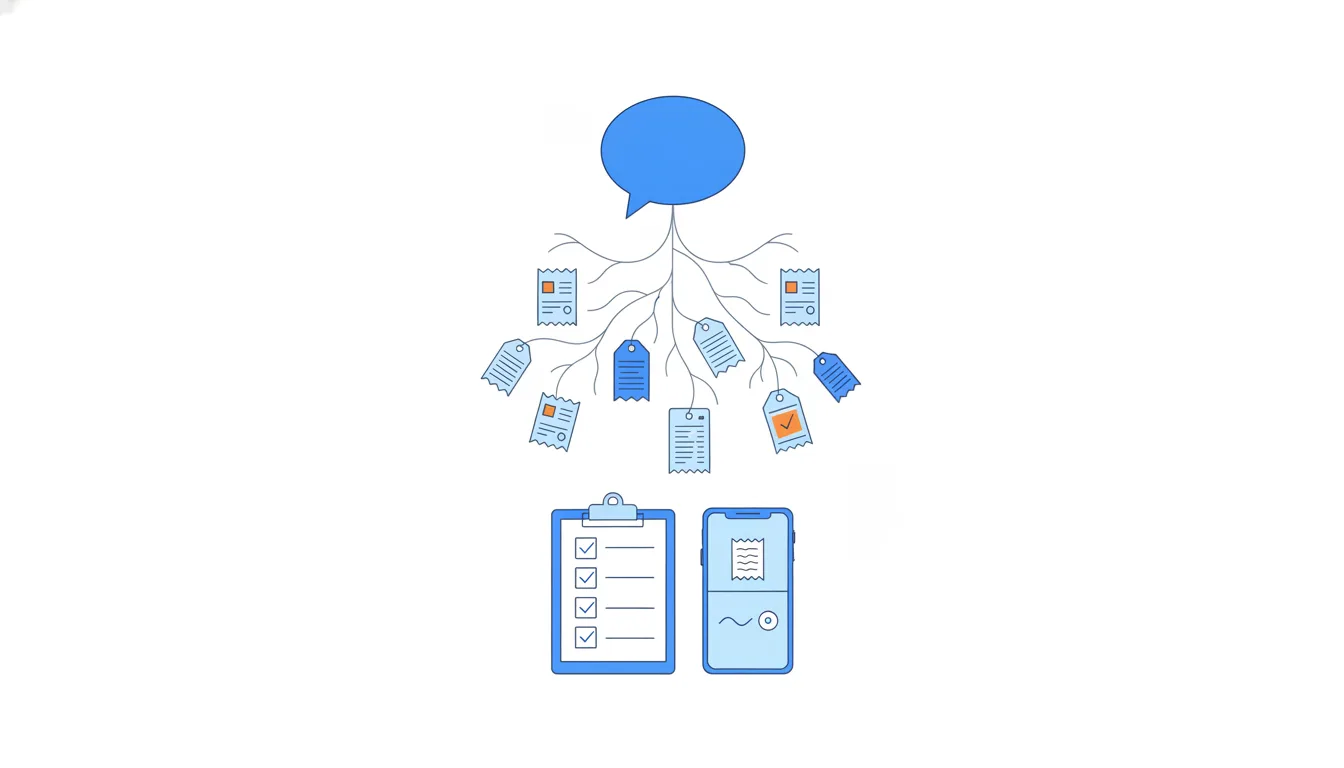 A speech bubble at the top branches downwards into small receipts and tags, ending at a clipboard with ticks.