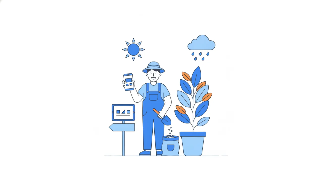 A gardener admires a taller plant after adding fertilizer, while the sun and a rain cloud overhead also did their part.