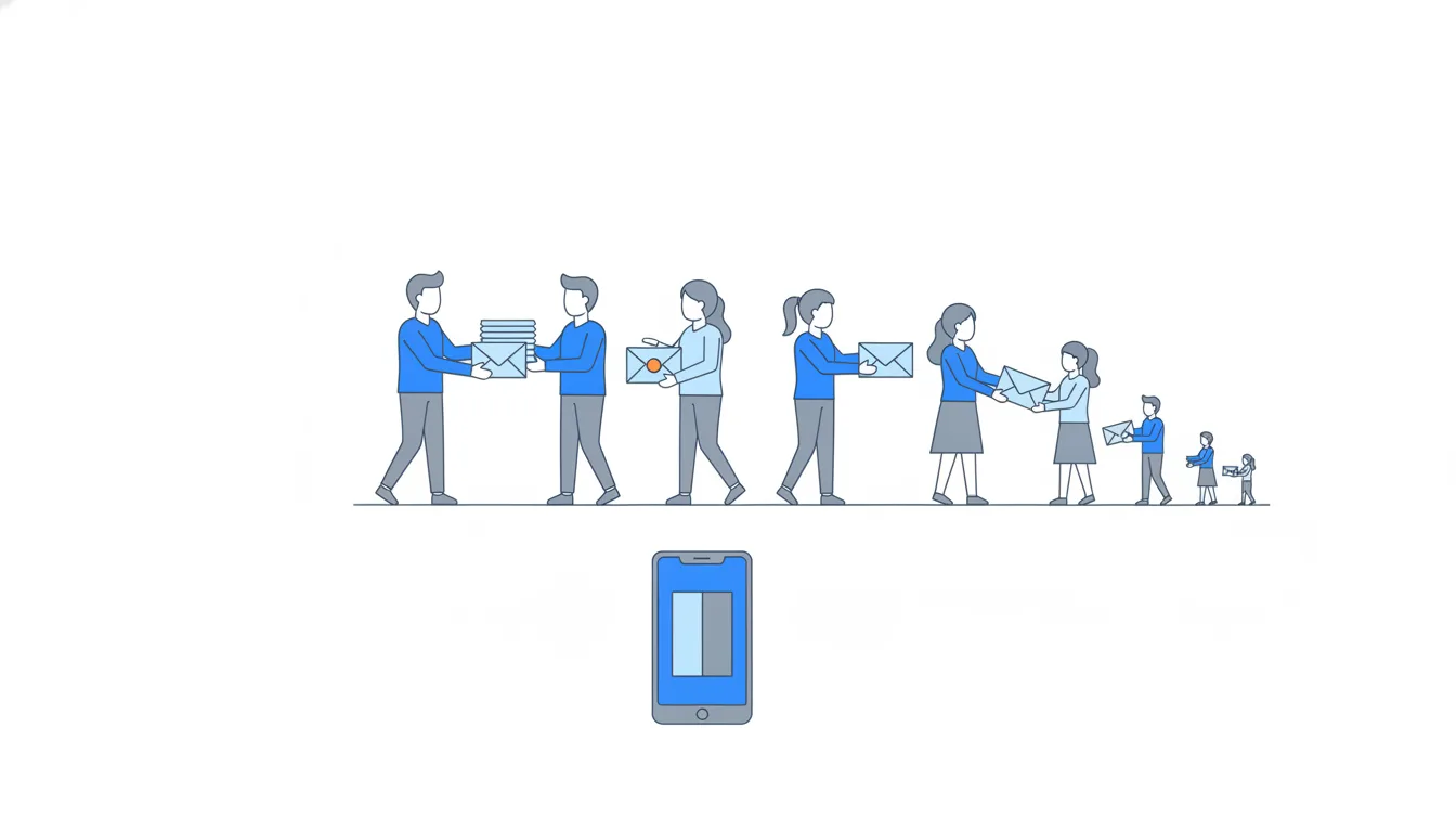 One person passes invitation envelopes to friends, who pass on fewer, until the chain fades out.