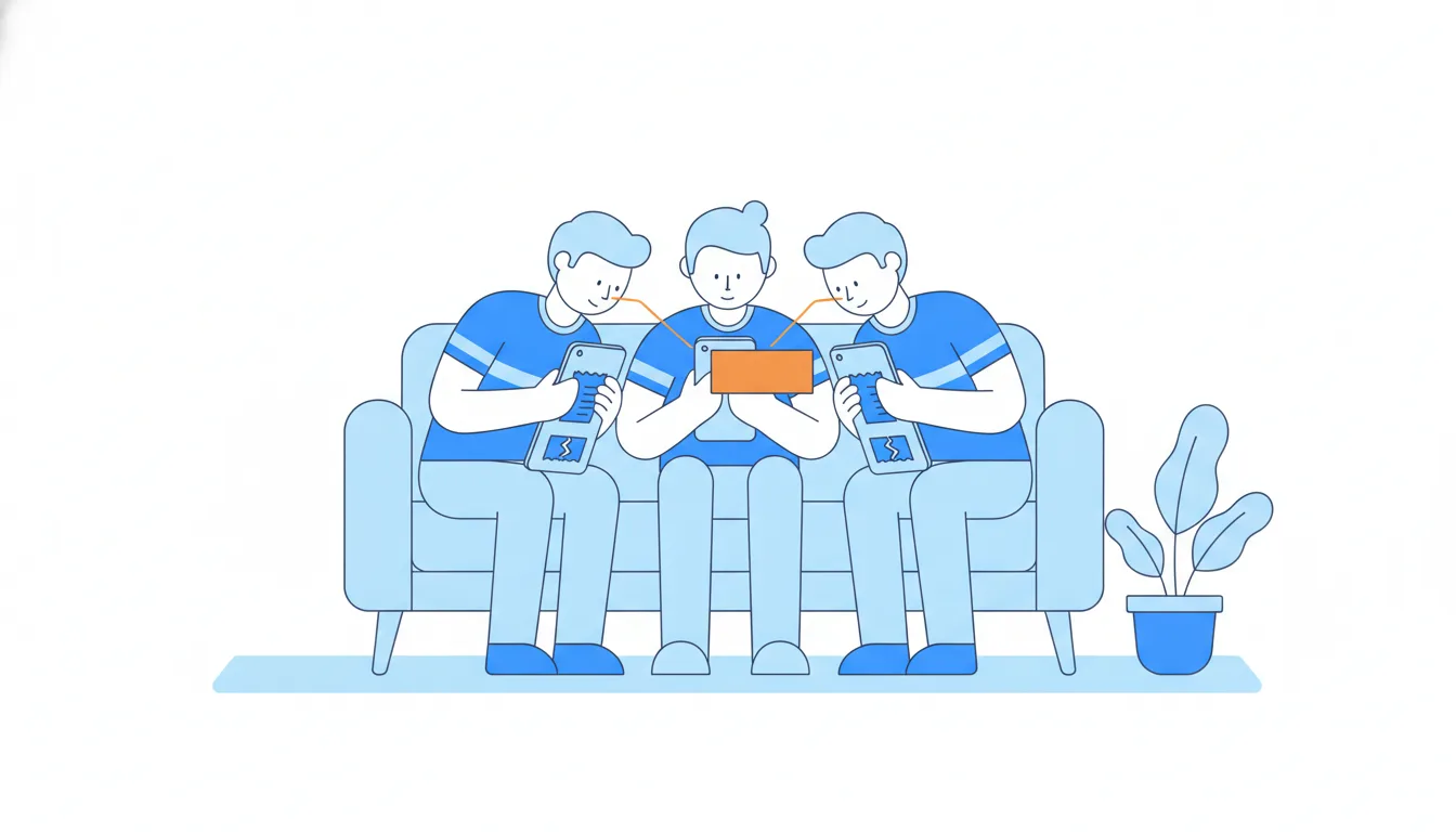 Three flatmates on one sofa peer at each other's phones; one screen shows an orange offer the other two don't have.