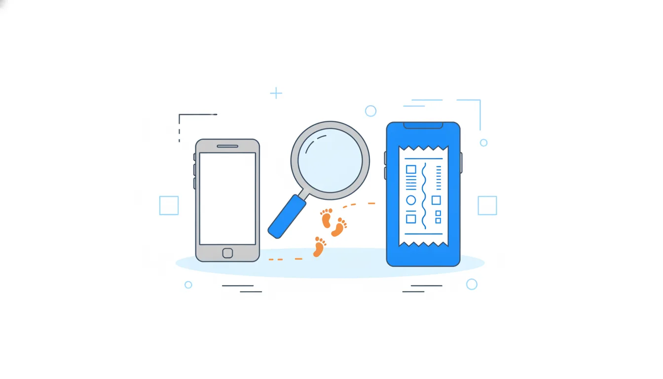 A detective's magnifying glass between an older gray phone and a newer phone with a split receipt, orange footprints between them.