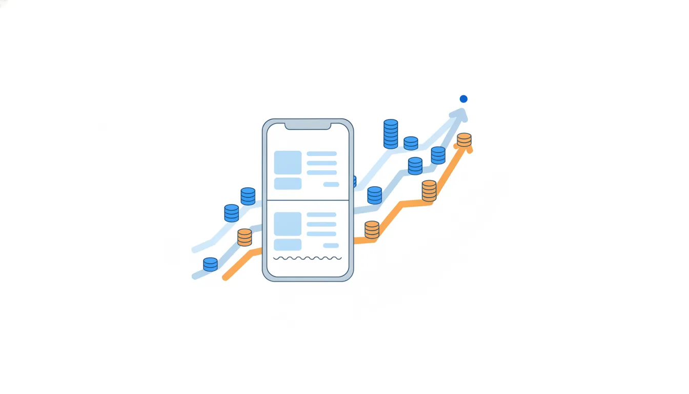 Coin stacks rise month by month along several curves, one per cohort, the newest short curve in orange, beside a phone.