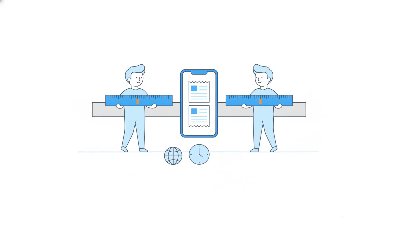 Two analysts hold identical blue rulers to the same bar and their orange marks line up, beside a clock, a small globe and a phone.