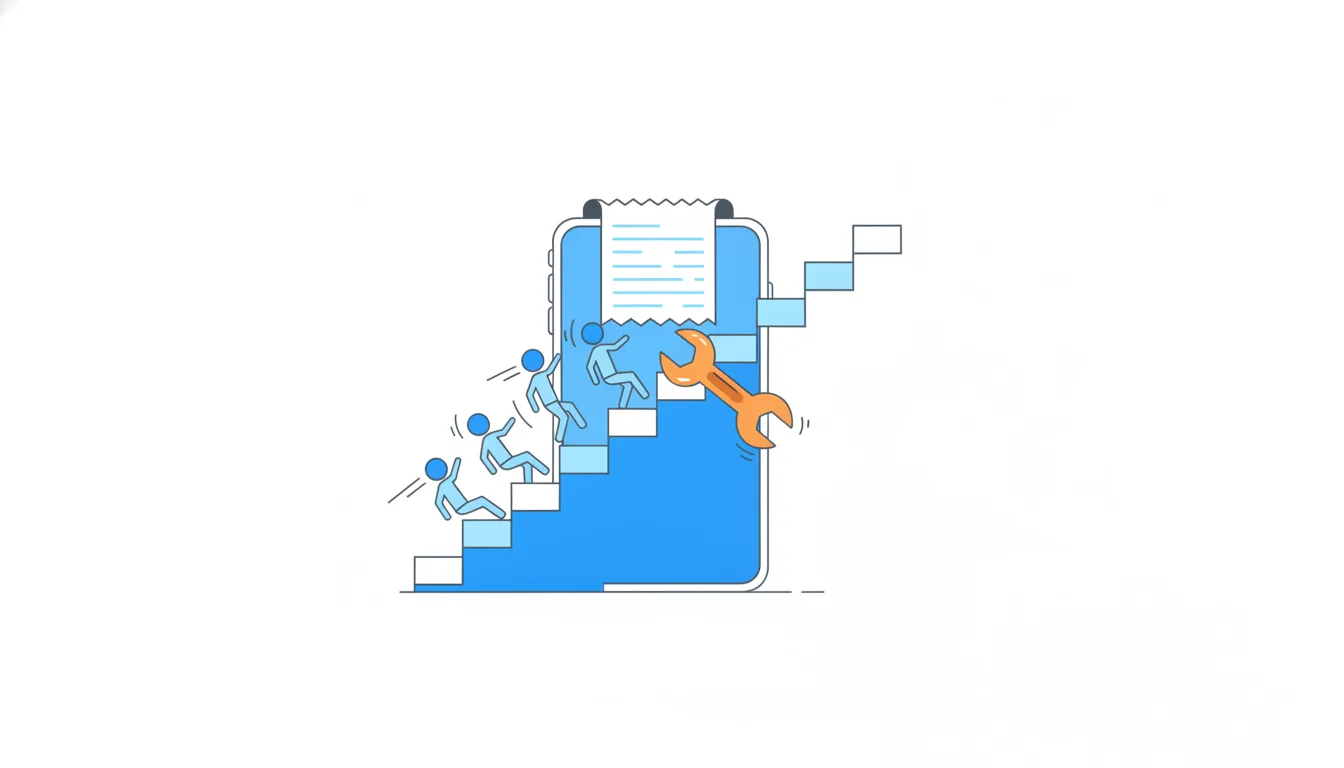 An onboarding staircase rises from a phone with a split receipt; figures fall off at one extra-wide step being fixed with an orange wrench.