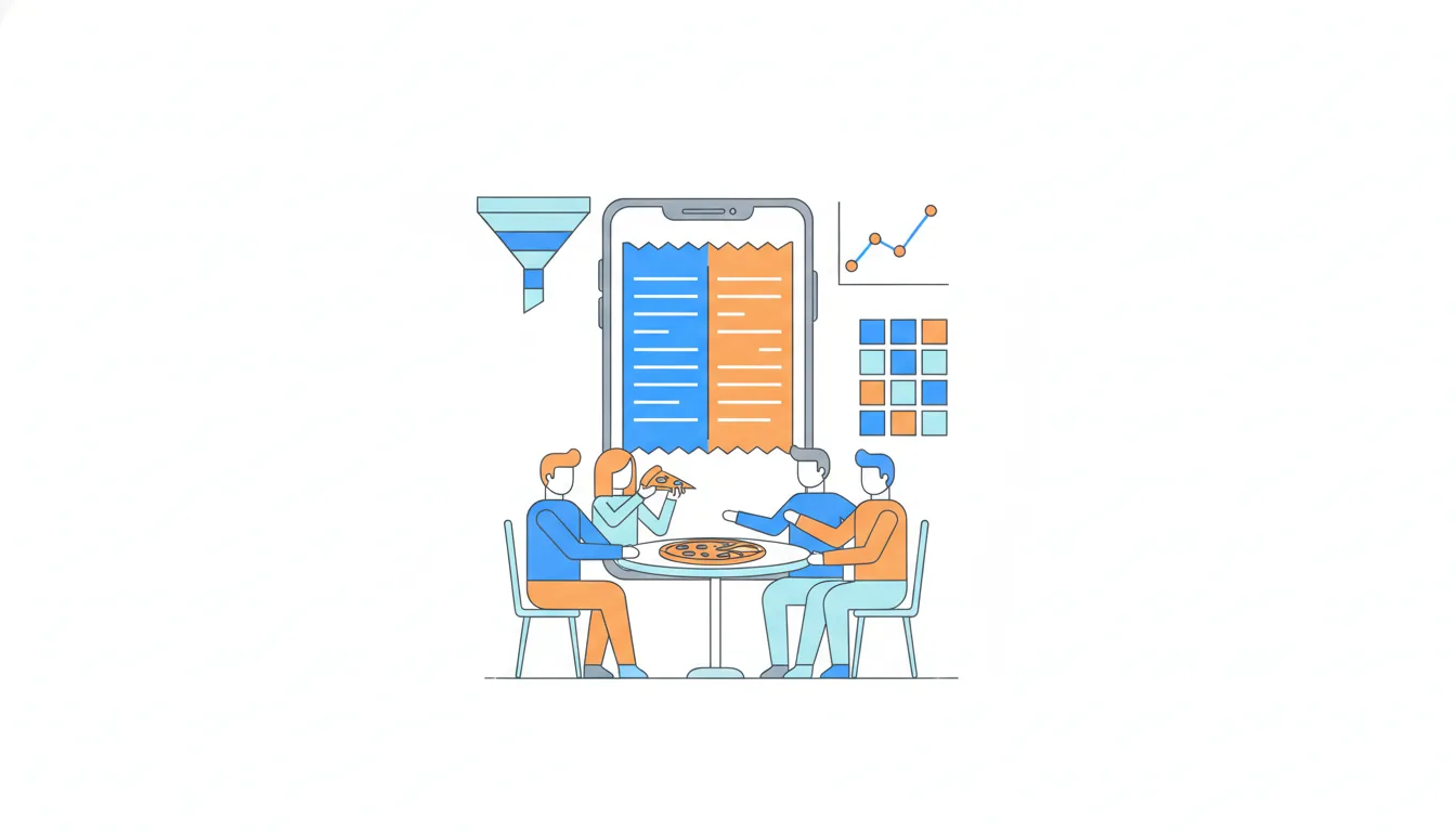 A big phone shows a receipt split in two halves next to friends sharing a pizza, with a funnel, a line chart and a cell grid floating above.