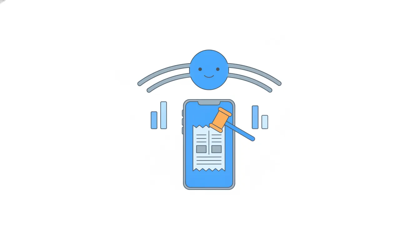 A blue dot with wide interval whiskers, two small guardrail gauges and an orange gavel resting on a phone.