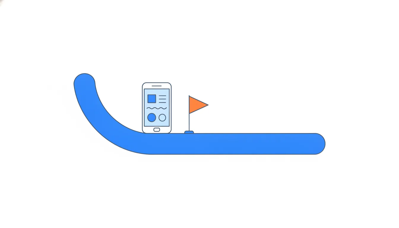 A blue curve slides down a slope and flattens into a long plateau, where a small orange flag is planted beside a phone.