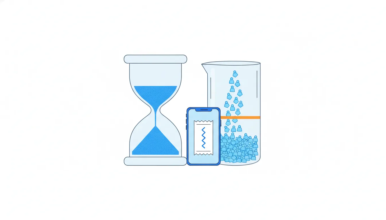 An hourglass beside a measuring jar slowly filling with tiny figures up to an orange line, next to a phone.