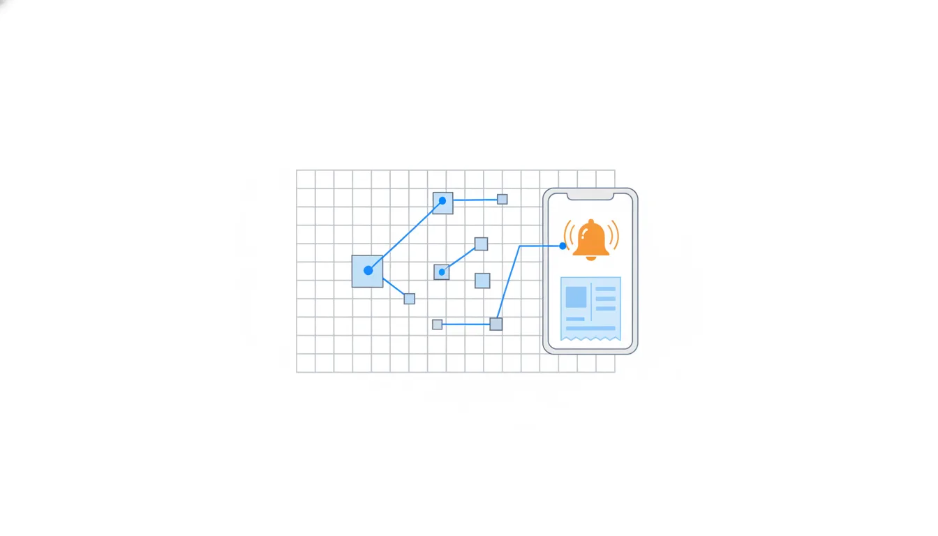 A blueprint sheet links small event tiles by lines to a new orange bell on a phone showing a split receipt.