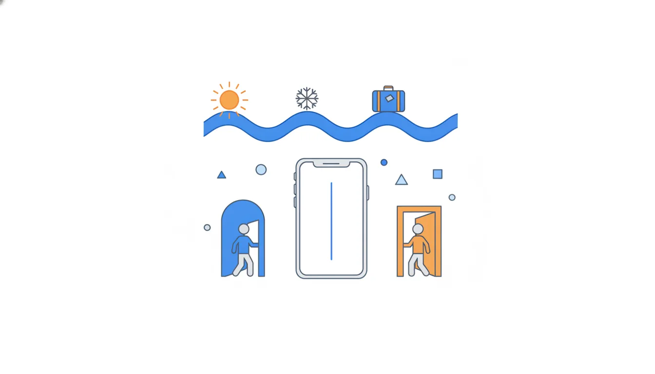A wavy line rises and falls under a sun, a snowflake and a suitcase, while figures arrive through two doors of different sizes.