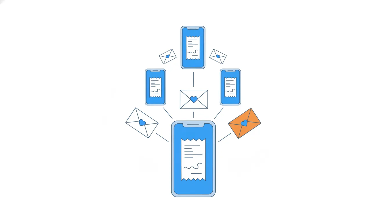 One phone with a split receipt sends invite envelopes to two phones, which send to fewer, the chain tapering out.
