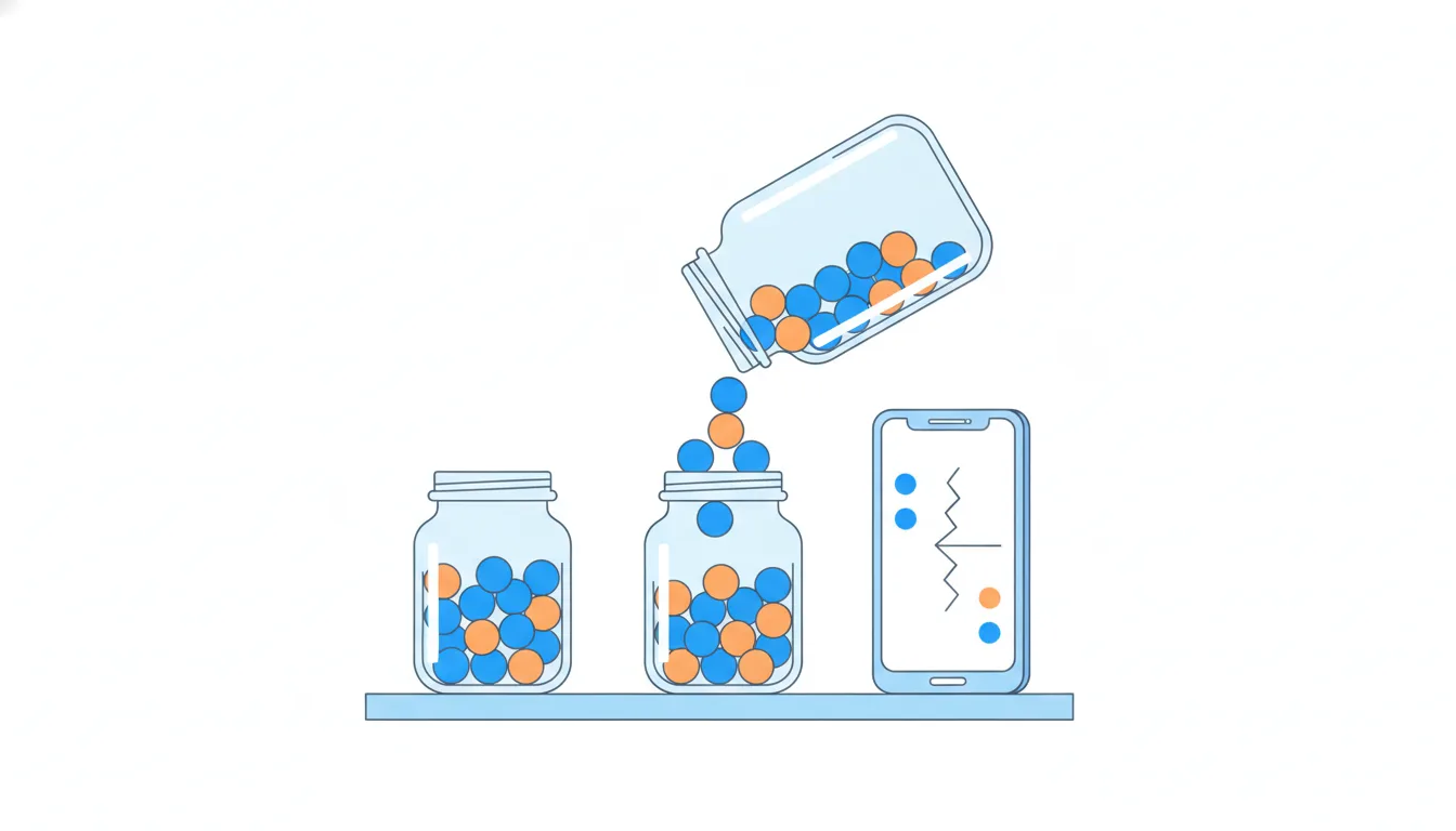 Two small jars each gain a bigger share of blue marbles, yet the big jar combining them ends with a smaller share, beside a phone.