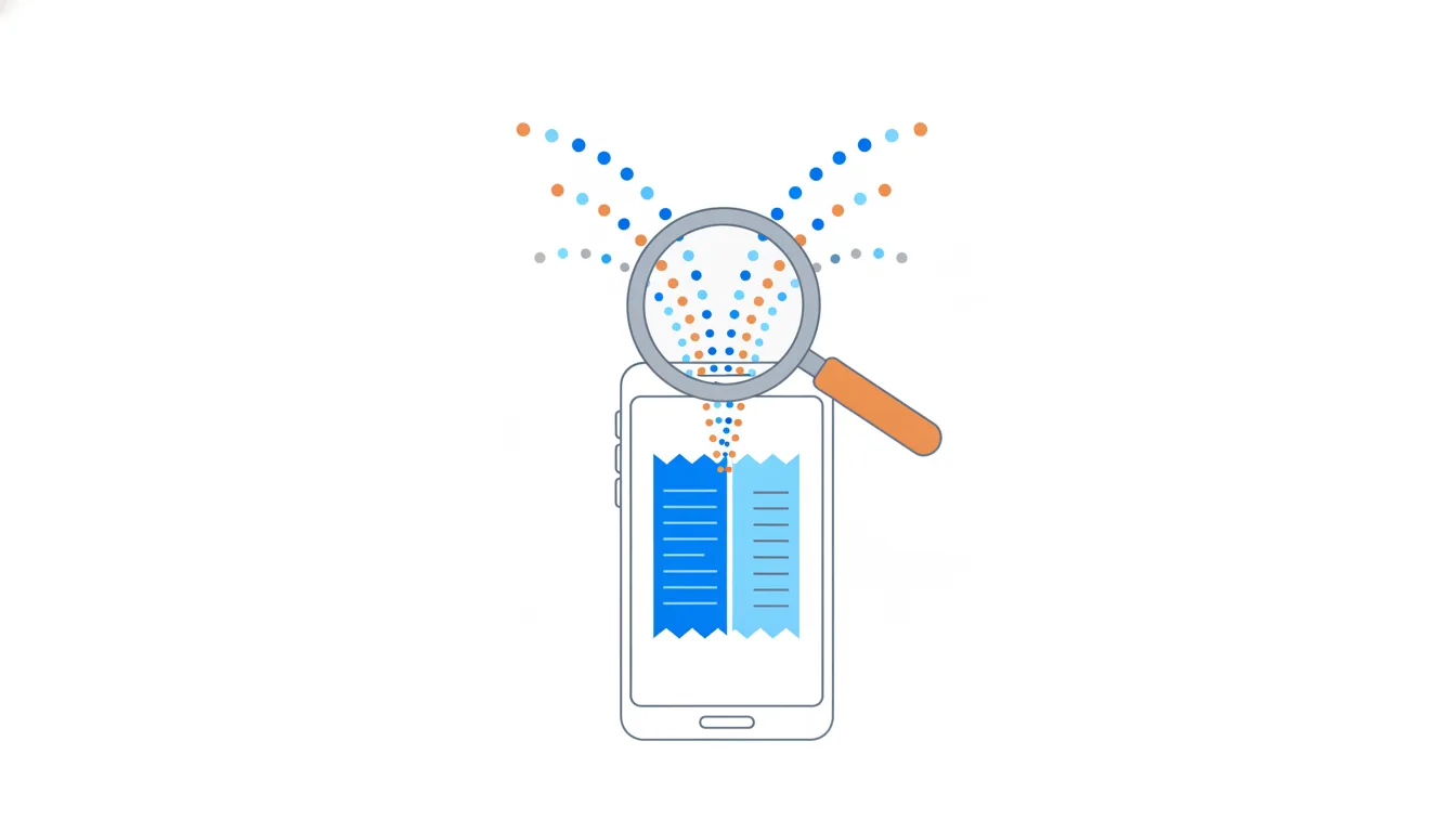 A magnifying glass hovers over a phone with a split receipt as a stream of small colored dots flows out of the screen.