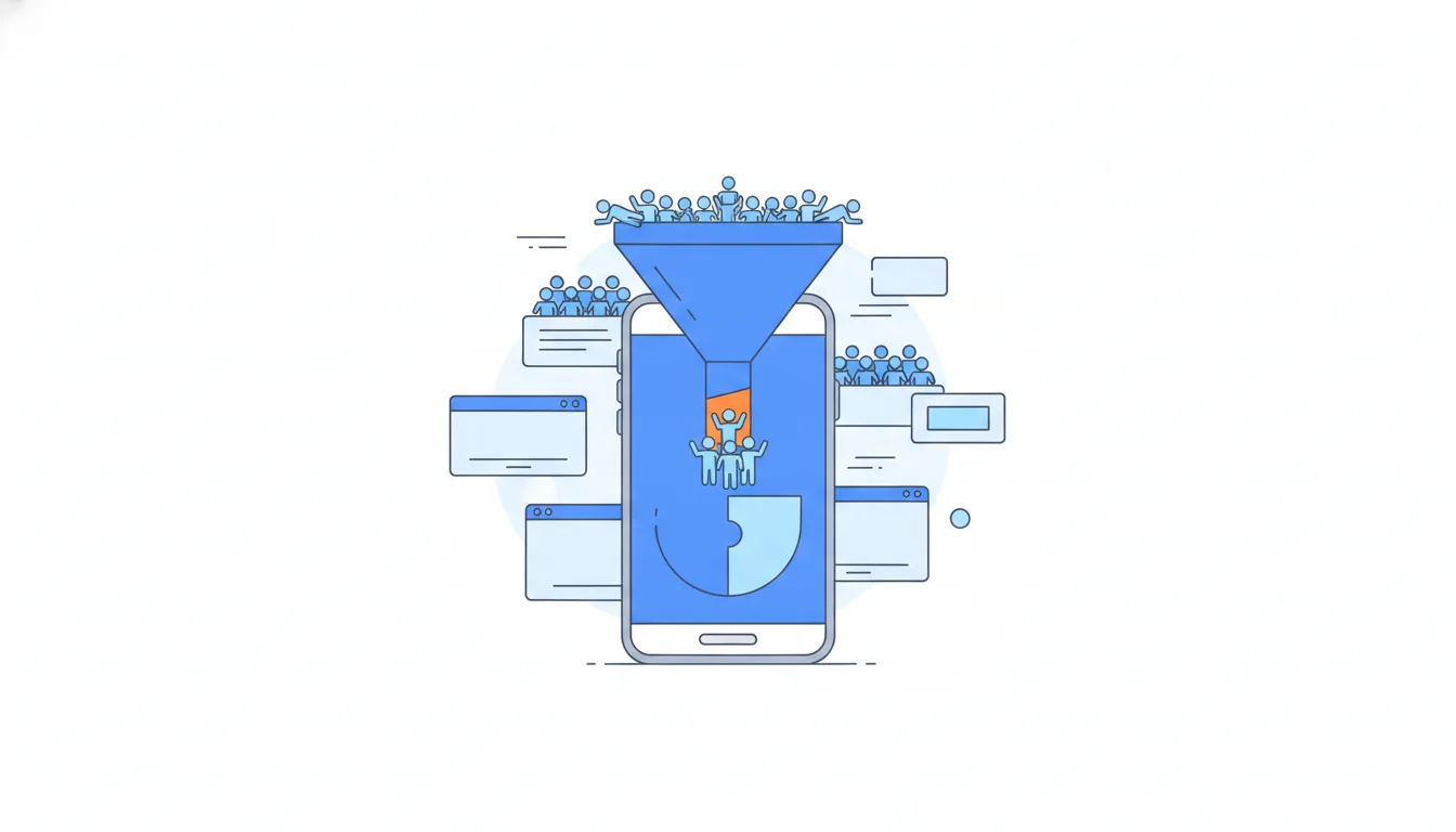 Small figures pour into a wide blue funnel above a phone with a split receipt, and a few get stuck at an orange narrow neck.