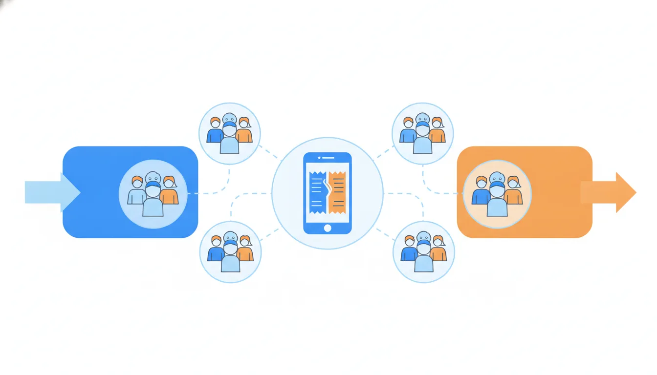 Whole friend groups, each in its own bubble with a shared receipt, are sent together to a blue or an orange side, never split up.