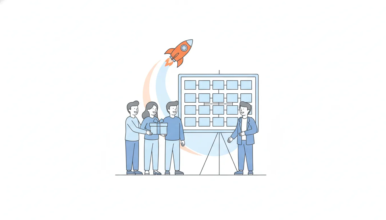 An orange rocket flies up as a team hands a wrapped box to a colleague beside a planning board of blank cards.
