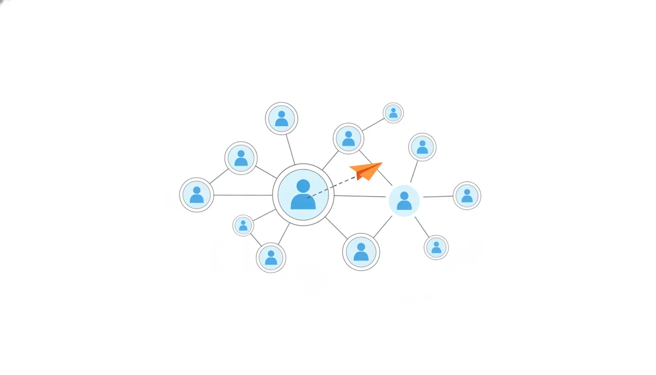 A network of people in circles of different sizes, linked by thin lines, with an orange paper plane flying from the person in the middle.